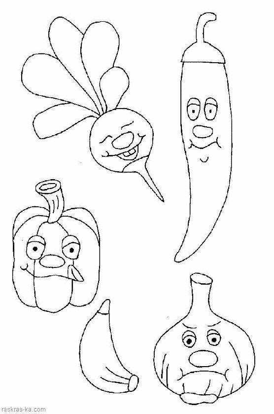 Раскраска овощи - перцы, редис, чеснок 