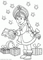 Раскраска - Снегурочка с подарками на Новый год