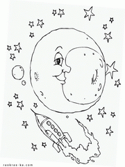 Ракета и месяц (луна). Раскраска для детей