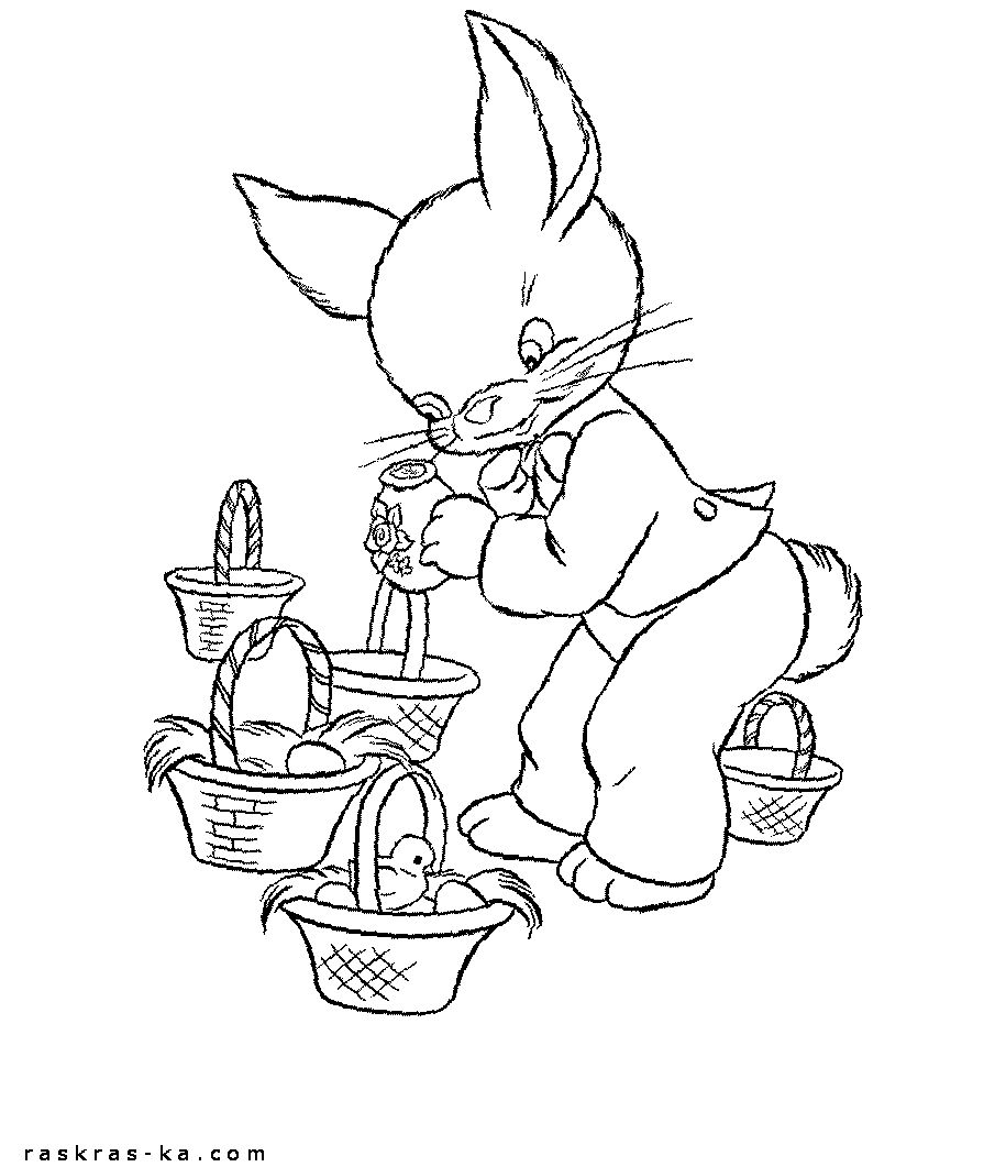 Раскраска кролика с пасхальными корзинами. Печатать на принтере