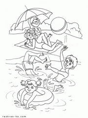 Летние раскраски - купание, загар, игры на воздухе. Пляж и солнце
