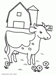 Домик в деревне и корова. Сельский пейзаж. Раскраска