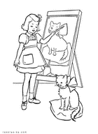 Девочка учится рисовать кошку. Раскраска