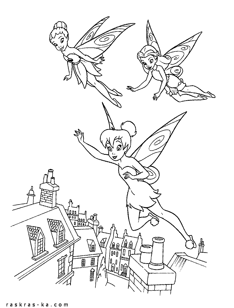 Феи, летящие над городом. Раскраска детская