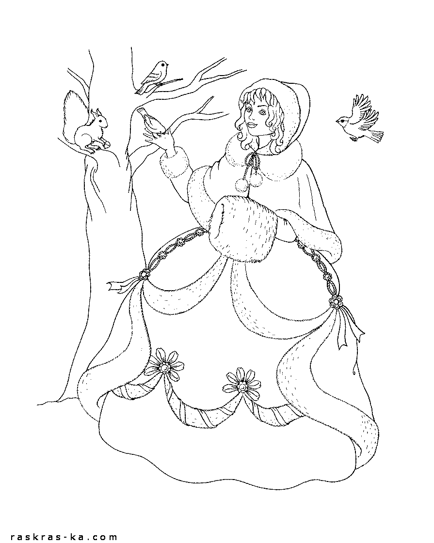 Раскраска принцесса в зимнем лесу с белками и птичками