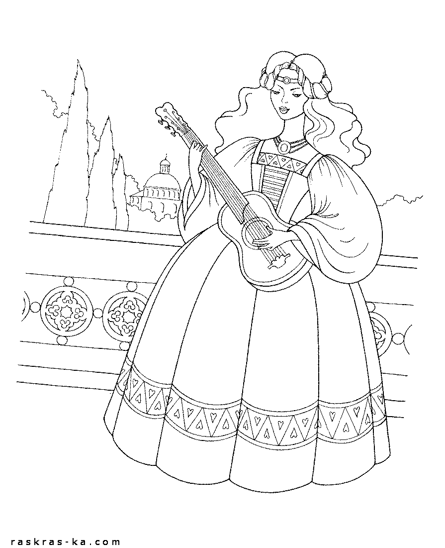 Раскраска - принцесса с гитарой. Скачать бесплатно