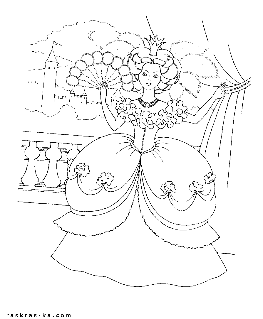 Принцесса с веером - раскрашивать бесплатно