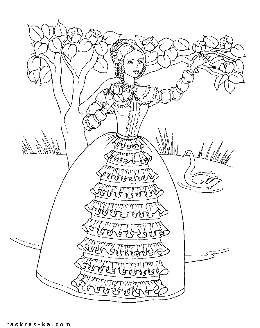 Раскраска принцесса у пруда. Распечатать