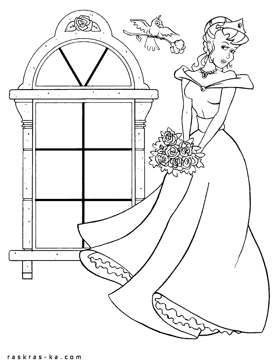 Раскраска Принцесса с цветами у окна