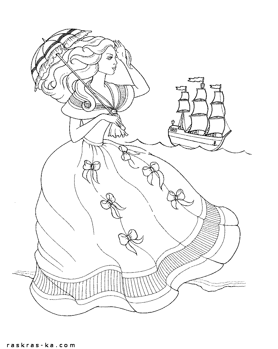 Раскраска принцесса на берегу моря и парусник