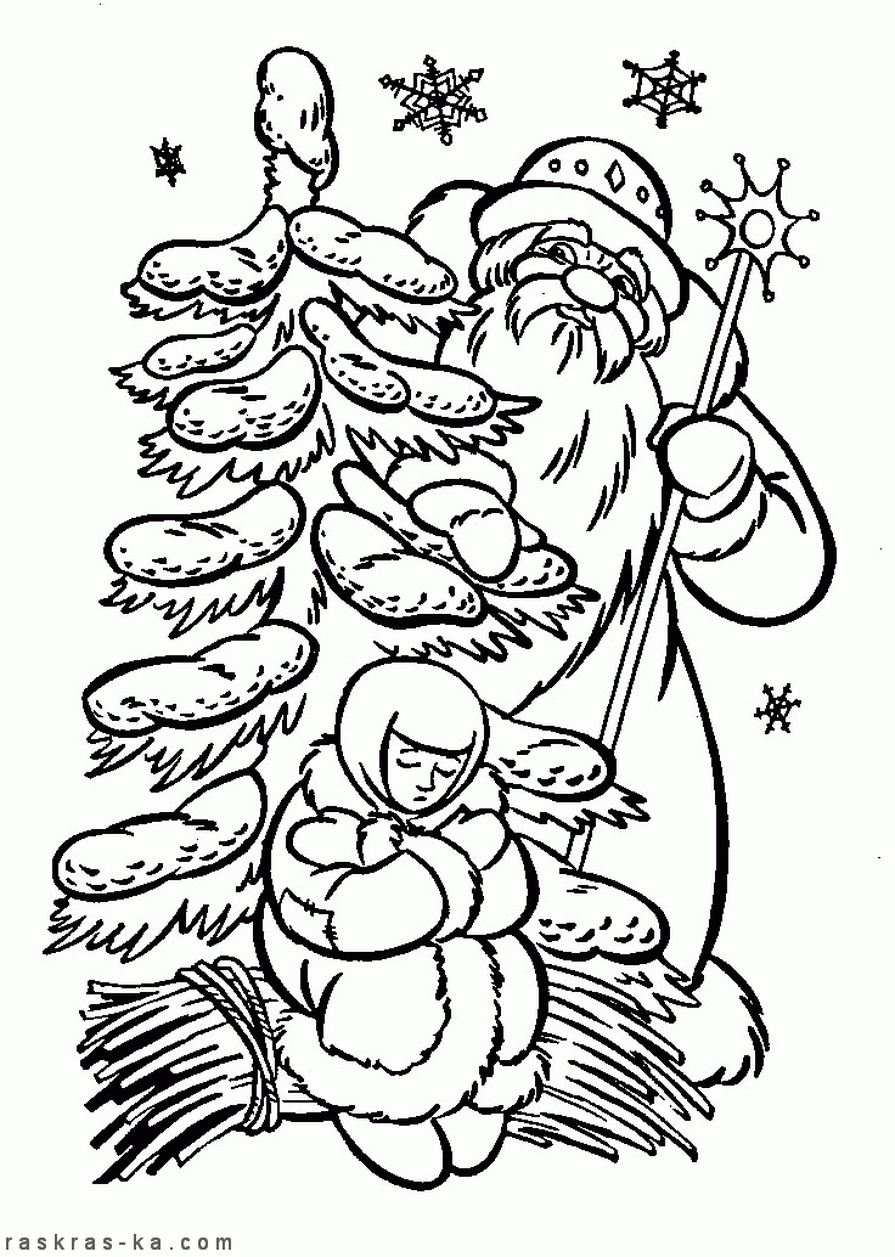 Раскраски для детей Новый год. Дед мороз в лесу