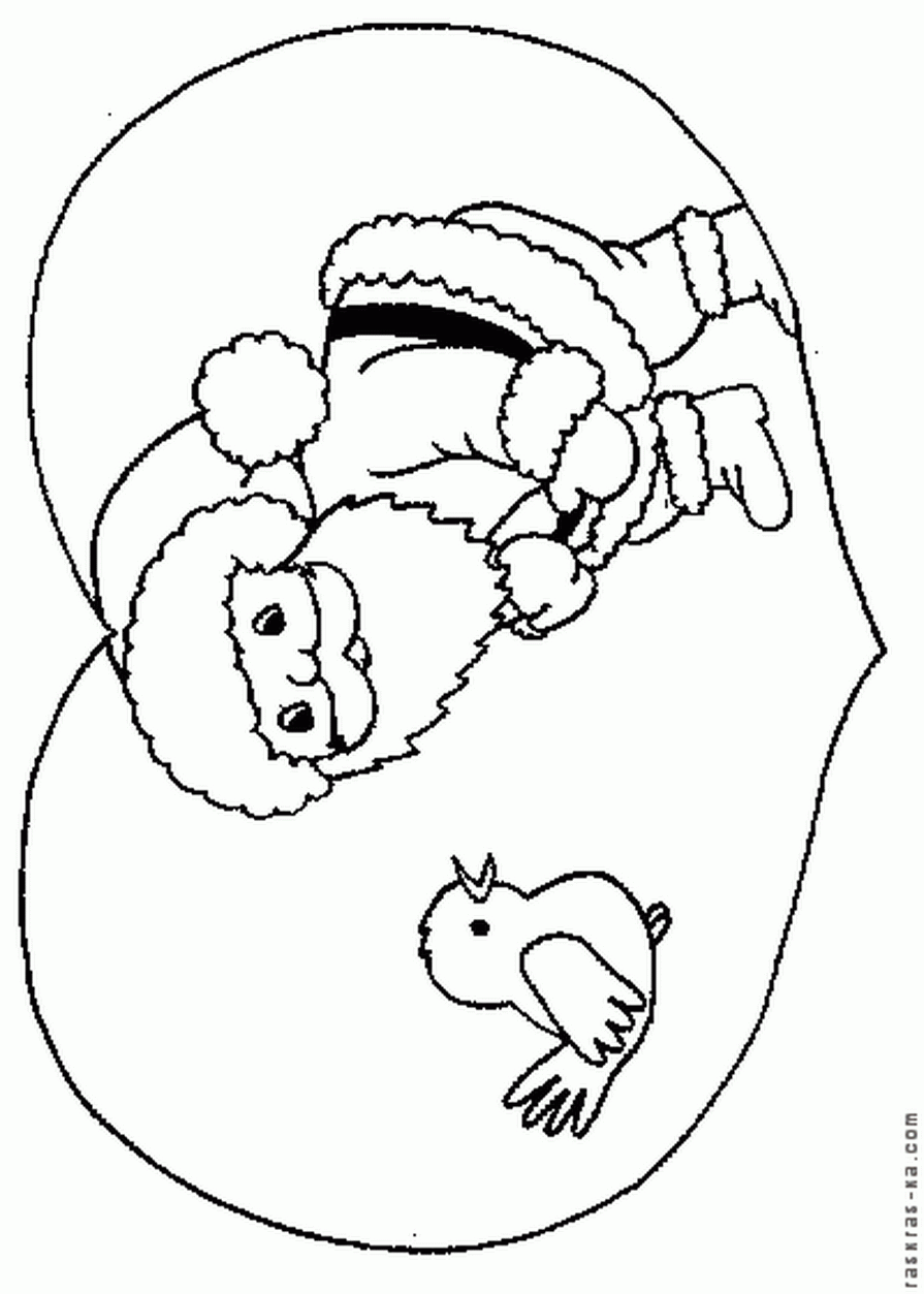 Раскраска Рождественская открытка. Санта Клаус и птичка