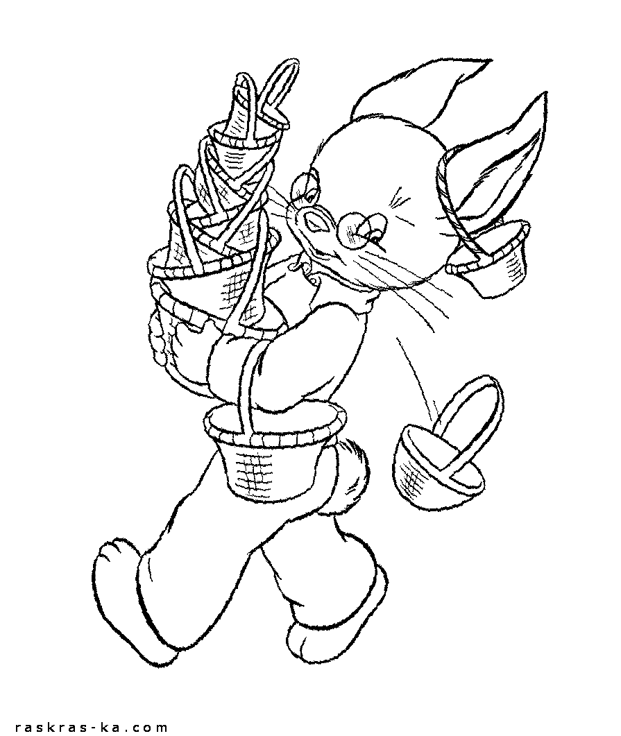 Кролик с охапкой пасхальных корзинок. Разукрашка