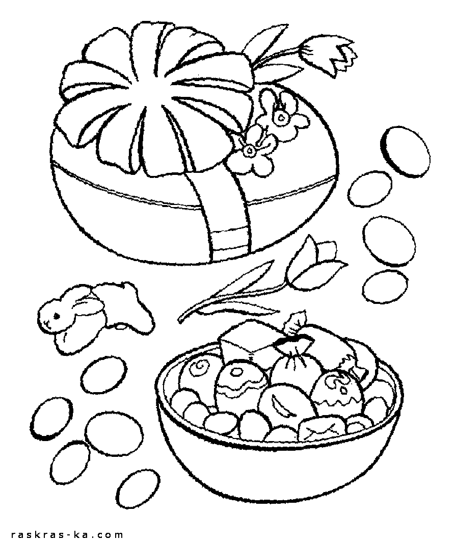 Раскраски символы Пасхи: яйца, кролик, корзинка