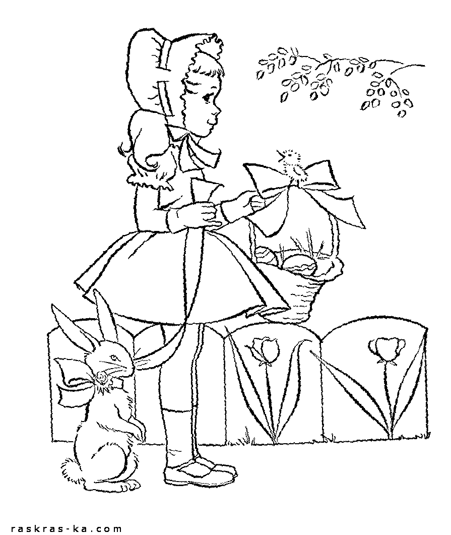 Девочка идет с кроликом в церковь на Пасху