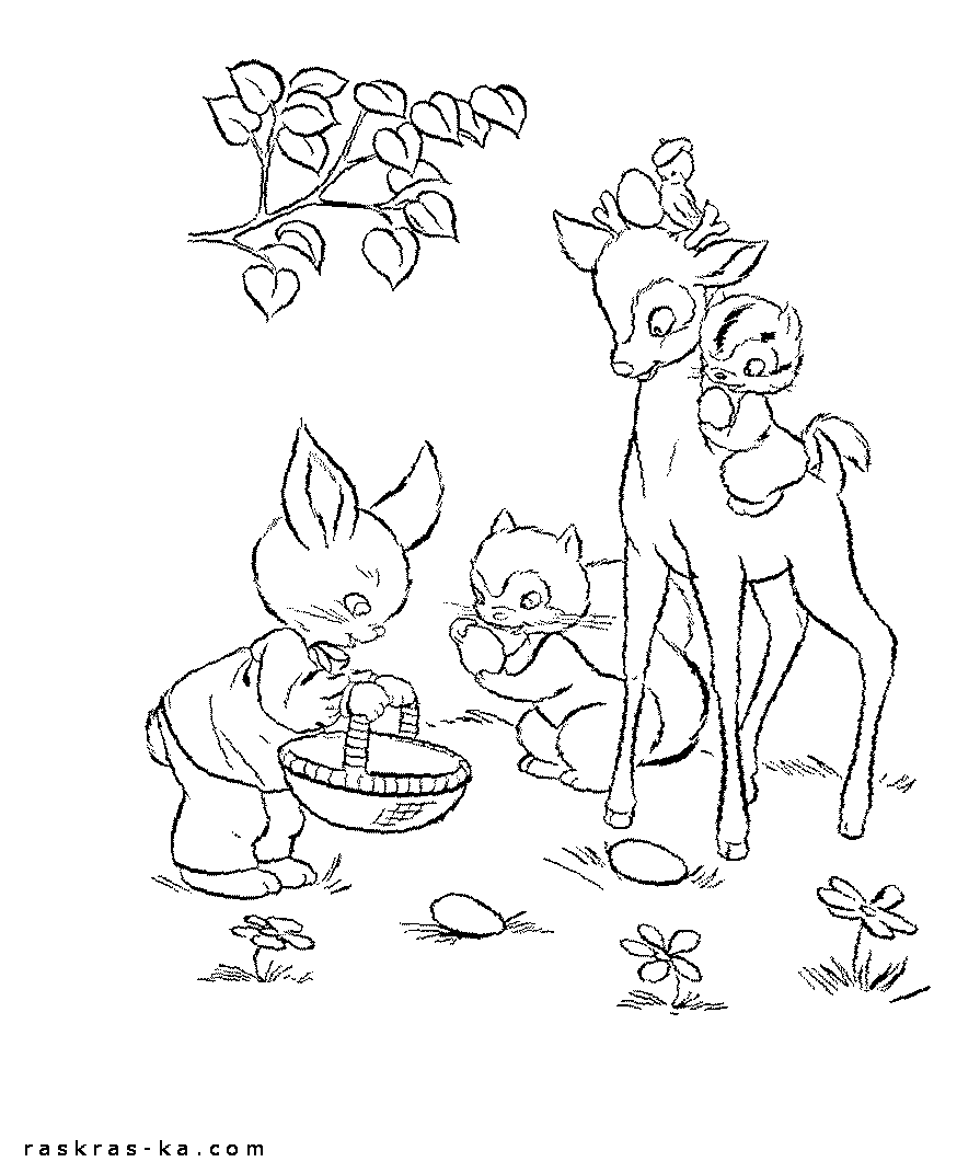 Раскраска звери находят в траве пасхальные яйца