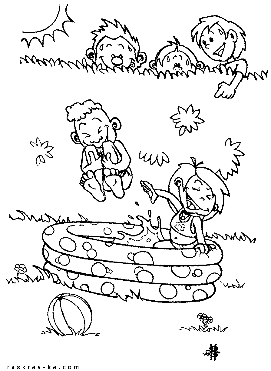 Купание в надувном бассейне. Детские раскраски