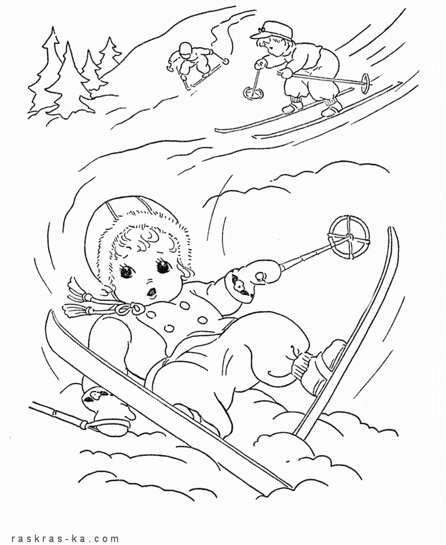 Катание на лыжах. Раскраски о зиме скачать бесплатно
