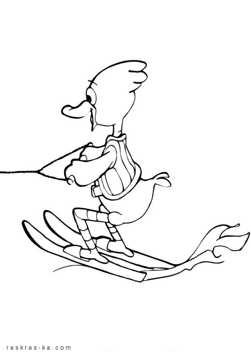 Раскраска утка на водных лыжах из мультфильма