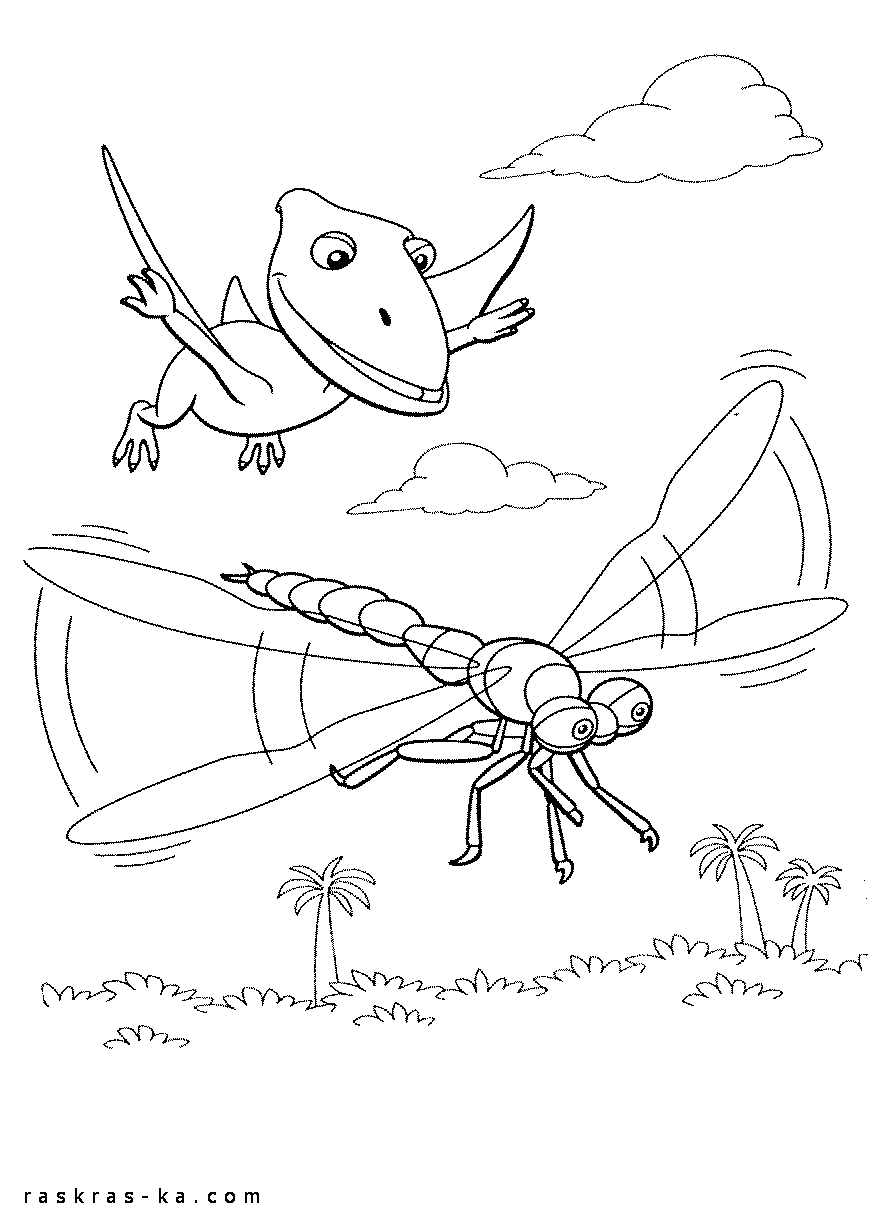 Раскраска бесплатная с динозавром и стрекозой